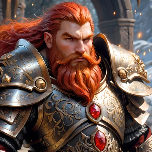 Prompt: Full body visible, oil painting, D&D fantasy, older years old ((Male)) Gold Dwarf, ((dwarf build, rugged older detailed face and hazel eyes)), Cleric, ((Short, stocky, slightly chubby, broad shoulders)), long straight bright red hair, long bright red Dwarven beard, short pointed ears, determined look, looking at the viewer, intricate detailed black magical armour and using a large metal shield, intricate hyper detailed hair, intricate hyper detailed eyelashes, intricate hyper detailed shining pupils, #3238, UHD, hd , 8k eyes, detailed face, big anime dreamy eyes, 8k eyes, intricate details, insanely detailed, masterpiece, cinematic lighting, 8k, complementary colors, golden ratio, octane render, volumetric lighting, unreal 5, artwork, concept art, cover, top model, light on hair colorful glamourous hyperdetailed plains battlefield background, intricate hyperdetailed plains battlefield background, ultra-fine details, hyper-focused, deep colors, dramatic lighting, ambient lighting | by sakimi chan, artgerm, wlop, pixiv, tumblr, instagram, deviantart