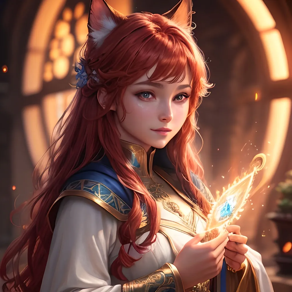 Prompt: oil painting, fantasy, Human girl, tanned-skinned-female, beautiful, red hair, straight hair, cat ears, rosy cheeks, smiling, looking at the viewer| Elemental star cleric wearing intricate glowing blue and white holy robes casting a healing spell, #3238, UHD, hd , 8k eyes, detailed face, big anime dreamy eyes, 8k eyes, intricate details, insanely detailed, masterpiece, cinematic lighting, 8k, complementary colors, golden ratio, octane render, volumetric lighting, unreal 5, artwork, concept art, cover, top model, light on hair colorful glamourous hyperdetailed medieval city background, intricate hyperdetailed breathtaking colorful glamorous scenic view landscape, ultra-fine details, hyper-focused, deep colors, dramatic lighting, ambient lighting god rays, flowers, garden | by sakimi chan, artgerm, wlop, pixiv, tumblr, instagram, deviantart