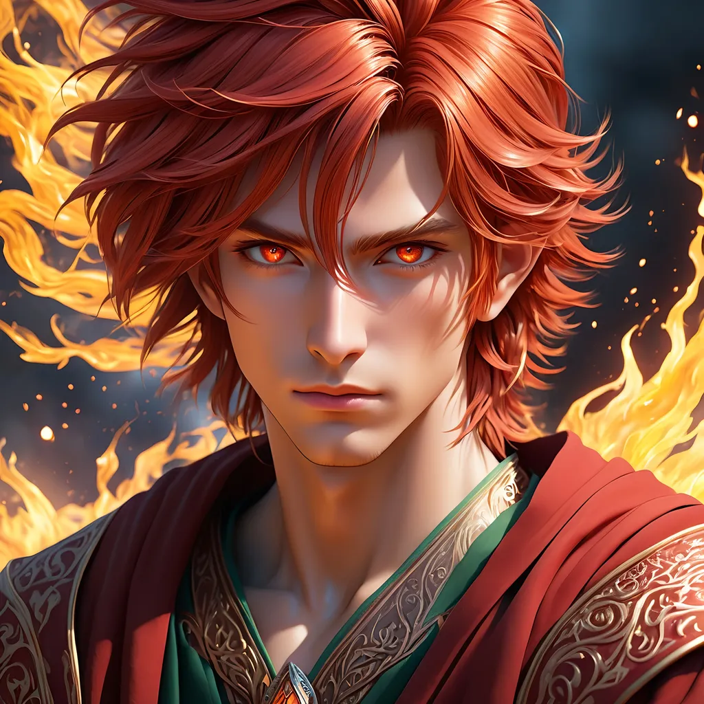 Prompt: Full body, ink painting, fantasy, Hobbit boy ((Male)), short, ((handsome detailed face and eyes)) beautiful fiery red hair, summoner wearing intricate robes and casting a fire spell, intricate hyper detailed hair, intricate hyper detailed eyelashes, intricate hyper detailed shining pupils #3238, UHD, hd , 8k eyes, detailed face, big anime dreamy eyes, 8k eyes, intricate details, insanely detailed, masterpiece, cinematic lighting, 8k, complementary colors, golden ratio, octane render, volumetric lighting, unreal 5, artwork, concept art, cover, top model, light on hair colorful glamourous hyperdetailed, ultra-fine details, hyper-focused, deep colors, dramatic lighting, ambient lighting god rays, | by sakimi chan, artgerm, wlop, pixiv, tumblr, instagram, deviantart