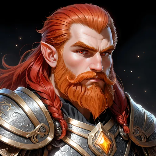 Prompt: Full body visible, oil painting, D&D fantasy, older years old ((Male)) Gold Dwarf, ((dwarf build, rugged older detailed face and hazel eyes)), Cleric, ((Short, stocky, slightly chubby, broad shoulders)), long straight bright red hair, long bright red Dwarven beard, short pointed ears, determined look, looking at the viewer, intricate detailed black magical armour and using a large metal shield, intricate hyper detailed hair, intricate hyper detailed eyelashes, intricate hyper detailed shining pupils, #3238, UHD, hd , 8k eyes, detailed face, big anime dreamy eyes, 8k eyes, intricate details, insanely detailed, masterpiece, cinematic lighting, 8k, complementary colors, golden ratio, octane render, volumetric lighting, unreal 5, artwork, concept art, cover, top model, light on hair colorful glamourous hyperdetailed plains battlefield background, intricate hyperdetailed plains battlefield background, ultra-fine details, hyper-focused, deep colors, dramatic lighting, ambient lighting | by sakimi chan, artgerm, wlop, pixiv, tumblr, instagram, deviantart