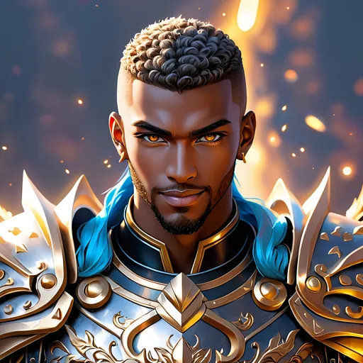 Prompt: Full Body, oil painting, fantasy, black man with shaved head with vibrant light hazel eyes, ((handsome detailed face and eyes)), big smile, clean shaven clean shaven, large muscles warrior wearing armor ((wielding a large Glaive with both hands)), intricate hyper detailed hair, intricate hyper detailed eyelashes, intricate hyper detailed shining pupils #3238, UHD, hd , 8k eyes, detailed face, big anime dreamy eyes, 8k eyes, intricate details, insanely detailed, masterpiece, cinematic lighting, 8k, complementary colors, golden ratio, octane render, volumetric lighting, unreal 5, artwork, concept art, cover, top model, light on hair colorful glamourous hyperdetailed, ultra-fine details, intricate detailed battlefield background, hyper-focused, deep colors, dramatic lighting, ambient lighting god rays | by sakimi chan, artgerm, wlop, pixiv, tumblr, instagram, deviantart