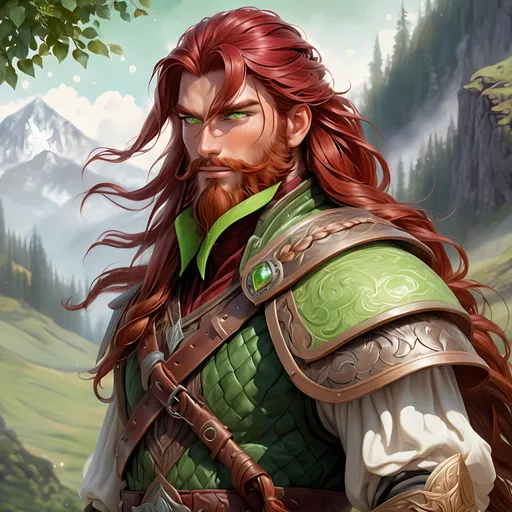 Prompt: Full Body, Side Profile, oil painting, fantasy, a human man with Long braided Dark Red hair and long dark red beard tied with light green eyes, ((handsome detailed face and eyes)), Barrel chested Warrior wearing brown leather adventurer's clothing, Slight knowing smile, intricate hyper detailed hair, intricate hyper detailed eyelashes, intricate hyper detailed shining pupils #3238, UHD, hd , 8k eyes, detailed face, big anime dreamy eyes, 8k eyes, intricate details, insanely detailed, masterpiece, cinematic lighting, 8k, complementary colors, golden ratio, octane render, volumetric lighting, unreal 5, artwork, concept art, cover, top model, light on hair colorful glamourous hyperdetailed, ultra-fine details, intricate detailed mountain top background, hyper-focused, deep colors, dramatic lighting, ambient lighting god rays | by sakimi chan, artgerm, wlop, pixiv, tumblr, instagram, deviantart