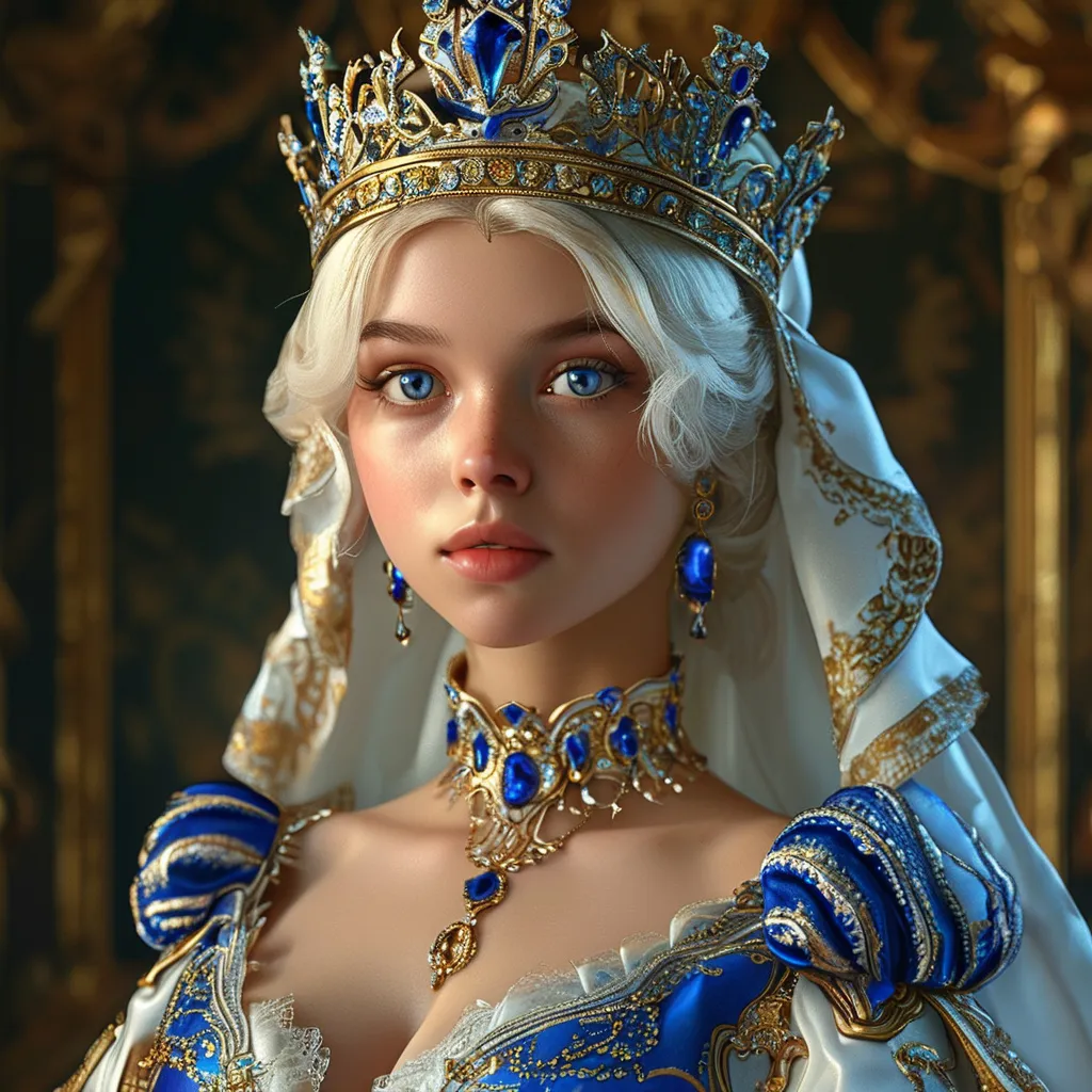 Prompt: Full body visible, D&D Fantasy, young 25 years old girl, ((beautiful detailed face and Blue eyes)), Warrior, straitened brilliant Bright Blonde hair, Regal Noble Determined grin, looking at the viewer, Regal intricate detailed Blue and White Queen's slinky dress with a small golden crown and a Royal white cape,