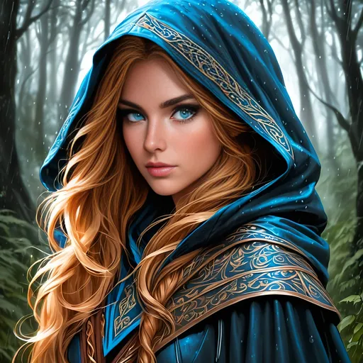 Prompt: Side Profile, fantasy, tanned-skinned-human ((Female)), tanned-skinned-female, ((beautiful detailed face and eyes)) Druid, perfect beautiful detailed face and eyes, long bright Hazel hair, and with vibrant Blue eyes with a very stern and serious face looking at the viewer, wearing adventurer's Hooded Cloak, Hood up, and Dark leather clothes standing in a Dark forest at night in the pouring rain, intricate hyper detailed hair, intricate hyper detailed eyelashes, intricate hyper detailed shining pupils #3238, UHD, hd , 8k eyes, detailed face, big anime dreamy eyes, 8k eyes, intricate details, insanely detailed, masterpiece, cinematic lighting, 8k, complementary colours, golden ratio, octane render, volumetric lighting, unreal 5, artwork, concept art, cover, top model, light on hair colourful glamorous hyper detailed, intricate hyper detailed breathtaking colourful glamorous scenic view landscape, ultra-fine details, hyper-focused, deep colours, dramatic lighting, ambient lighting god rays,