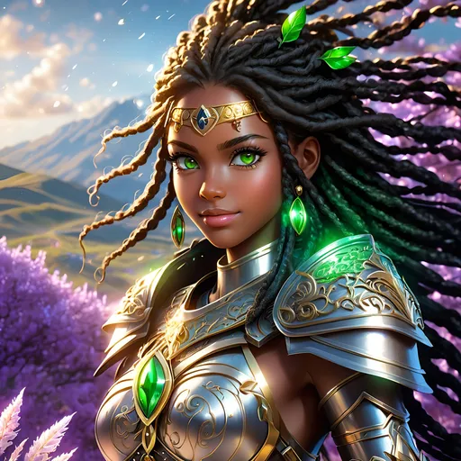 Prompt: Full body, oil painting, young 22 years old Human black girl, black-skinned-female, ((beautiful detailed face and glowing anime green eyes)), dreadlocks black hair, rosy cheeks, smiling, looking at the viewer| shinning silver plate mail holding magical longsword and shield, intricate hyper detailed hair, intricate hyper detailed eyelashes, intricate hyper detailed shining pupils, #3238, UHD, hd , 8k eyes, detailed face, big anime dreamy eyes, 8k eyes, intricate details, insanely detailed, masterpiece, cinematic lighting, 8k, complementary colors, golden ratio, octane render, volumetric lighting, unreal 5, artwork, concept art, cover, top model, light on hair colorful glamourous hyperdetailed ((Battlefield)) background, intricate hyperdetailed breathtaking colorful glamorous scenic view landscape, ultra-fine details, hyper-focused, deep colors, dramatic lighting, ambient lighting god rays | by sakimi chan, artgerm, wlop, pixiv, tumblr, instagram, deviantart