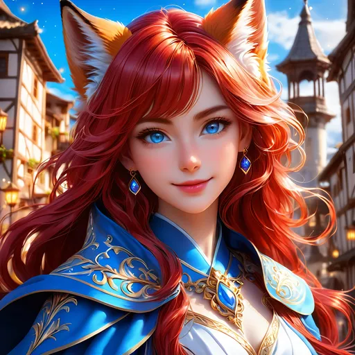 Prompt: full body, oil painting, fantasy, ((furry fox girl)), red-furred-female, ((beautiful detailed face and glowing anime blue eyes)) red hair, straight hair, cat ears, rosy cheeks, smiling, looking at the viewer| Elemental star cleric wearing intricate glowing blue and white holy robes casting a healing spell, #3238, UHD, hd , 8k eyes, detailed face, big anime dreamy eyes, 8k eyes, intricate details, insanely detailed, masterpiece, cinematic lighting, 8k, complementary colors, golden ratio, octane render, volumetric lighting, unreal 5, artwork, concept art, cover, top model, light on hair colorful glamourous hyperdetailed medieval city background, intricate hyperdetailed breathtaking colorful glamorous scenic view landscape, ultra-fine details, hyper-focused, deep colors, dramatic lighting, ambient lighting god rays | by sakimi chan, artgerm, wlop, pixiv, tumblr, instagram, deviantart