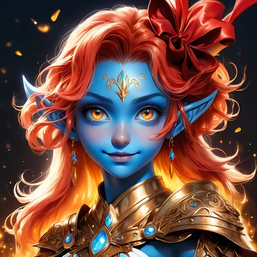 Prompt: Full body visible, oil painting, D&D Fantasy, young 20 years old Gnome girl, ((Fully blue-skinned-female, blue-skinned-female, Blue elf ears)), ((beautiful detailed face and glowing gold anime eyes)), short dyed Vibrant brilliant fiery red hair with brilliant blue highlights, predatory grin, looking at the viewer, Cleavage, perky, real, Brown leather armour with a bow, intricate hyper detailed hair, intricate hyper detailed eyelashes, intricate hyper detailed shining pupils, #3238, UHD, hd , 8k eyes, detailed face, big anime dreamy eyes, 8k eyes, intricate details, insanely detailed, masterpiece, cinematic lighting, 8k, complementary colors, golden ratio, octane render, volumetric lighting, unreal 5, artwork, concept art, cover, top model, light on hair colorful glamourous hyperdetailed cave background, intricate hyperdetailed cave background, ultra-fine details, hyper-focused, deep colors, dramatic lighting, ambient lighting | by sakimi chan, artgerm, wlop, pixiv, tumblr, instagram, deviantart