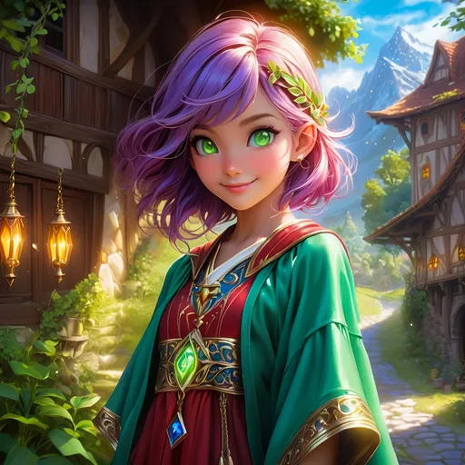 Prompt: Full body, oil painting, D&D fantasy, tanned-skinned-gnome girl, tanned-skinned-female, ((tiny short petite body)), ((beautiful detailed face and glowing anime green eyes)), very cute, smiling, short bright purple hair, long pixie cut, pointed ears, looking at the viewer, Wizard wearing intricate red and blue wizard robes, intricate hyper detailed hair, intricate hyper detailed eyelashes, intricate hyper detailed shining pupils #3238, UHD, hd , 8k eyes, detailed face, big anime dreamy eyes, 8k eyes, intricate details, insanely detailed, masterpiece, cinematic lighting, 8k, complementary colors, golden ratio, octane render, volumetric lighting, unreal 5, artwork, concept art, cover, top model, light on hair colorful glamourous hyperdetailed medieval tavern background, intricate hyperdetailed breathtaking colorful glamorous scenic view landscape, ultra-fine details, hyper-focused, deep colors, dramatic lighting, ambient lighting god rays | by sakimi chan, artgerm, wlop, pixiv, tumblr, instagram, deviantart