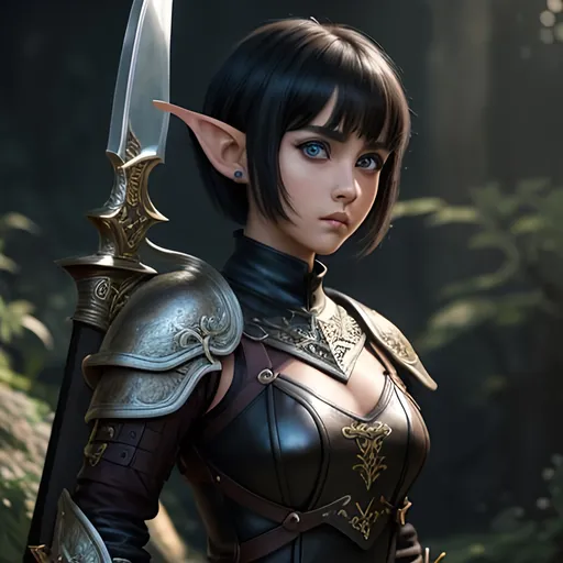 Prompt: masterpiece, splash art, ink painting, beautiful pop idol, D&D fantasy, (23 years old) lightly tanned-skinned hobbit girl, ((beautiful detailed face and large eyes)), serious expression, dark pixie cut hair, short small pointed ears, serious expression looking at the viewer, wearing detailed leather armor and wielding a dagger #3238, UHD, hd , 8k eyes, detailed face, big anime dreamy eyes, 8k eyes, intricate details, insanely detailed, masterpiece, cinematic lighting, 8k, complementary colors, golden ratio, octane render, volumetric lighting, unreal 5, artwork, concept art, cover, top model, light on hair colorful glamourous hyperdetailed medieval city background, intricate hyperdetailed breathtaking colorful glamorous scenic view landscape, ultra-fine details, hyper-focused, deep colors, dramatic lighting, ambient lighting god rays, flowers, garden | by sakimi chan, artgerm, wlop, pixiv, tumblr, instagram, deviantart