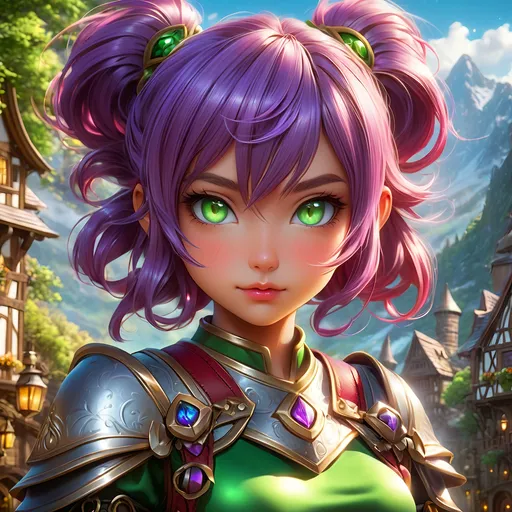 Prompt: Full body, oil painting, D&D fantasy, tanned-skinned-gnome girl, tanned-skinned-female, ((tiny short petite chibi body)), ((beautiful detailed face and glowing anime green eyes)), very cute, determined look, short bright purple hair, ponytail, pointed ears, looking at the viewer, Ranger wearing intricate red and green adventurer's leather, intricate hyper detailed hair, intricate hyper detailed eyelashes, intricate hyper detailed shining pupils #3238, UHD, hd , 8k eyes, detailed face, big anime dreamy eyes, 8k eyes, intricate details, insanely detailed, masterpiece, cinematic lighting, 8k, complementary colors, golden ratio, octane render, volumetric lighting, unreal 5, artwork, concept art, cover, top model, light on hair colorful glamourous hyperdetailed medieval tavern background, intricate hyperdetailed breathtaking colorful glamorous scenic view landscape, ultra-fine details, hyper-focused, deep colors, dramatic lighting, ambient lighting god rays | by sakimi chan, artgerm, wlop, pixiv, tumblr, instagram, deviantart