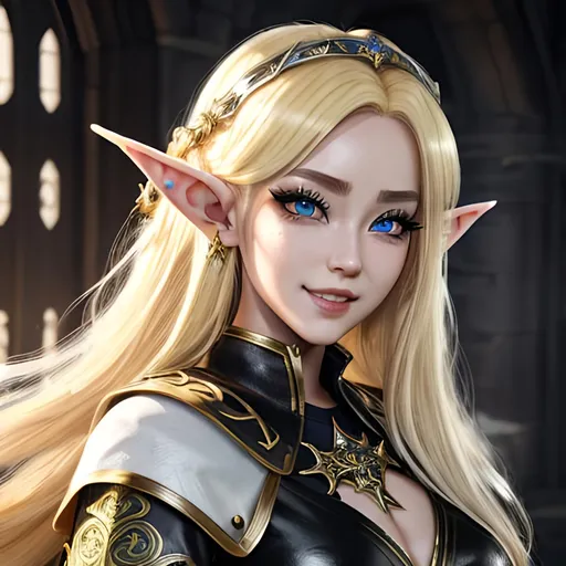 Prompt: masterpiece, splash art, ink painting, beautiful cute pop idol, D&D fantasy, (23 years old) elf girl cleric, ((beautiful detailed face and large eyes)), mischievous grin, bright blond hair, looking at the viewer, wearing cleric outfit, intricate hyper detailed hair, intricate hyper detailed eyelashes, intricate hyper detailed shining pupils #3238, UHD, hd , 8k eyes, detailed face, big anime dreamy eyes, 8k eyes, intricate details, insanely detailed, masterpiece, cinematic lighting, 8k, complementary colors, golden ratio, octane render, volumetric lighting, unreal 5, artwork, concept art, cover, top model, light on hair colorful glamourous hyperdetailed, intricate hyperdetailed breathtaking colorful glamorous scenic view landscape, ultra-fine details, hyper-focused, deep colors, dramatic lighting, ambient lighting god rays | by sakimi chan, artgerm, wlop, pixiv, tumblr, instagram, deviantart