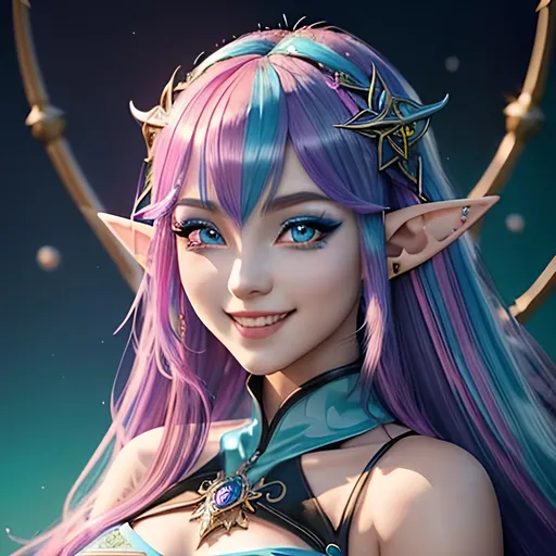 Prompt: masterpiece, splash art, ink painting, beautiful cute pop idol, D&D fantasy, (23 years old) elf girl, ((beautiful detailed face and large eyes)), mischievous grin, bright blue with bright pink highlights hair, long slender pointed ears, smiling looking at the viewer, wearing intricate detailed light blue sorceress dress and ((an intricate dark blue witches hat)) and casting an elemental ice spell, intricate hyper detailed hair, intricate hyper detailed eyelashes, intricate hyper detailed shining pupils #3238, UHD, hd , 8k eyes, detailed face, big anime dreamy eyes, 8k eyes, intricate details, insanely detailed, masterpiece, cinematic lighting, 8k, complementary colors, golden ratio, octane render, volumetric lighting, unreal 5, artwork, concept art, cover, top model, light on hair colorful glamourous hyperdetailed, intricate hyperdetailed breathtaking colorful glamorous scenic view landscape, ultra-fine details, hyper-focused, deep colors, dramatic lighting, ambient lighting god rays | by sakimi chan, artgerm, wlop, pixiv, tumblr, instagram, deviantart