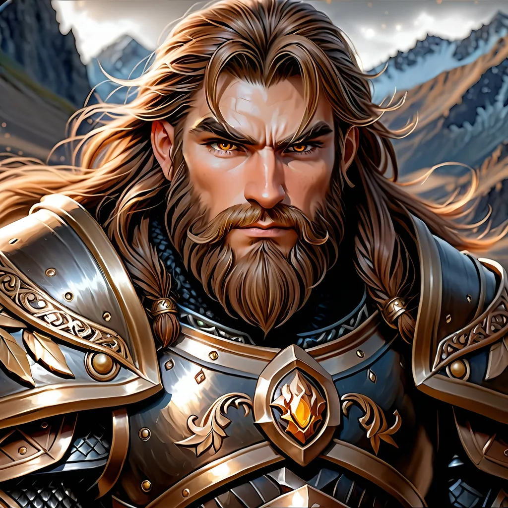 Prompt: Full body visible, oil painting, D&D fantasy, older years old ((Male)) dwarf, ((dwarf build, rugged older detailed face and hazel anime eyes)), ((Short, stocky, broad shoulders)), long straight light brown hair, long brown Dwarven beard, short pointed ears, determined look, looking at the viewer, intricate detailed black magical armor, intricate hyper detailed hair, intricate hyper detailed eyelashes, intricate hyper detailed shining pupils, #3238, UHD, hd , 8k eyes, detailed face, big anime dreamy eyes, 8k eyes, intricate details, insanely detailed, masterpiece, cinematic lighting, 8k, complementary colors, golden ratio, octane render, volumetric lighting, unreal 5, artwork, concept art, cover, top model, light on hair colorful glamourous hyperdetailed plains battlefield background, intricate hyperdetailed plains battlefield background, ultra-fine details, hyper-focused, deep colors, dramatic lighting, ambient lighting | by sakimi chan, artgerm, wlop, pixiv, tumblr, instagram, deviantart