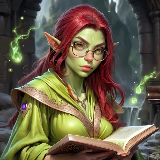 Prompt: Full Body, oil painting, D&D fantasy, very cute, 22 years old half-orc female ((green-skinned-half orc girl)) Wizard, green-skinned-female, ((beautiful detailed face and large glowing brown eyes)), Glasses, long rich brown hair, small short pointed ears, ((large tusks)), Determined and concentrating while reading a spell book, intricate detailed shapely ((Red Wizard robes)), intricate hyper detailed hair, intricate hyper detailed eyelashes, intricate hyper detailed shining pupils #3238, UHD, hd , 8k eyes, detailed face, big anime dreamy eyes, 8k eyes, intricate details, insanely detailed, masterpiece, cinematic lighting, 8k, complementary colors, golden ratio, octane render, volumetric lighting, unreal 5, artwork, concept art, cover, top model, light on hair colorful glamourous hyperdetailed  inside a Wizard tower background, intricate hyperdetailed inside of a Wizard tower background, ultra-fine details, hyper-focused, deep colors, dramatic lighting, ambient lighting god rays, | by sakimi chan, artgerm, wlop, pixiv, tumblr, instagram, deviantart