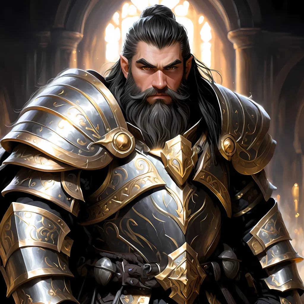 Prompt: Full body visible, oil painting, D&D fantasy, older years old ((Male)) Gold Dwarf, ((Stocky dwarf build, rugged older detailed face and hazel eyes)), Cleric, ((Short, stocky, slightly chubby, broad shoulders)), long straight black hair, long bushy black Dwarven beard, short pointed ears, determined look, looking at the viewer, intricate detailed black magical armour and using a large metal shield, intricate hyper detailed hair, intricate hyper detailed eyelashes, intricate hyper detailed shining pupils, #3238, UHD, hd , 8k eyes, detailed face, big anime dreamy eyes, 8k eyes, intricate details, insanely detailed, masterpiece, cinematic lighting, 8k, complementary colors, golden ratio, octane render, volumetric lighting, unreal 5, artwork, concept art, cover, top model, light on hair colorful glamourous hyperdetailed underground tunnel background, intricate hyperdetailed underground tunnel background, ultra-fine details, hyper-focused, deep colors, dramatic lighting, ambient lighting | by sakimi chan, artgerm, wlop, pixiv, tumblr, instagram, deviantart