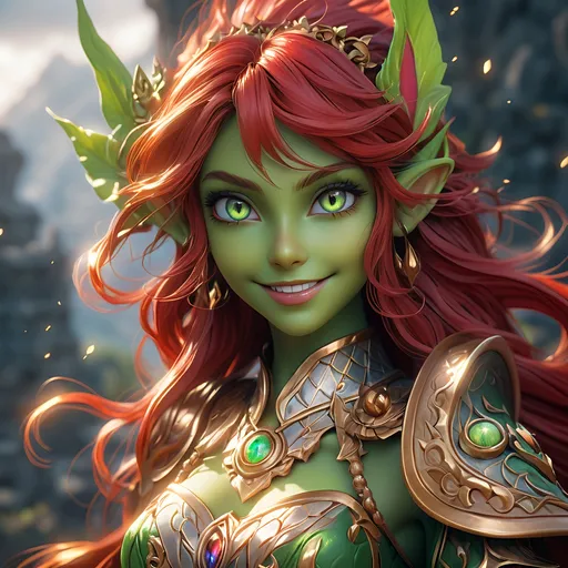 Prompt: ink painting, D&D fantasy, cute young ((green-skinned-goblin girl)), green-skinned-female, short petite body slender, beautiful, ((beautiful detailed face and large anime eyes)) long wavy fiery red hair, smiling, pointed ears, looking at the viewer, cleric wearing intricate adventurer outfit, intricate hyper detailed hair, intricate hyper detailed eyelashes, intricate hyper detailed shining pupils #3238, UHD, hd , 8k eyes, detailed face, big anime dreamy eyes, 8k eyes, intricate details, insanely detailed, masterpiece, cinematic lighting, 8k, complementary colors, golden ratio, octane render, volumetric lighting, unreal 5, artwork, concept art, cover, top model, light on hair colorful glamourous hyperdetailed, intricate hyperdetailed breathtaking colorful glamorous scenic view landscape, ultra-fine details, hyper-focused, deep colors, dramatic lighting, ambient lighting god rays, | by sakimi chan, artgerm, wlop, pixiv, tumblr, instagram, deviantart