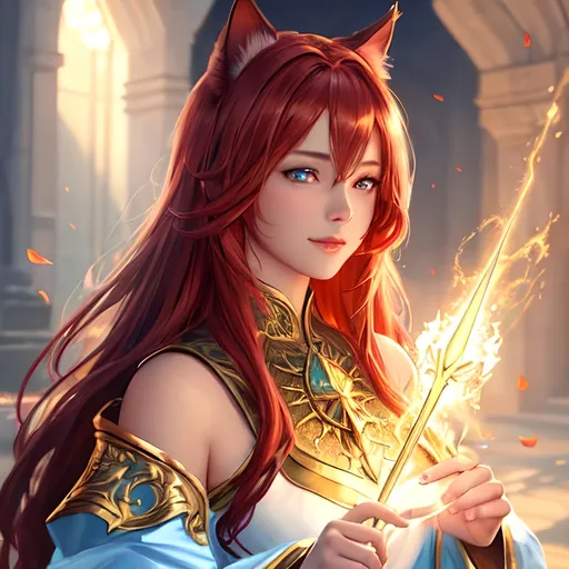 Prompt: oil painting, fantasy, Human girl, tanned-skinned-female, beautiful, red hair, straight hair, cat ears, rosy cheeks, smiling, looking at the viewer| Elemental star cleric wearing intricate glowing blue and white holy robes casting a healing spell, #3238, UHD, hd , 8k eyes, detailed face, big anime dreamy eyes, 8k eyes, intricate details, insanely detailed, masterpiece, cinematic lighting, 8k, complementary colors, golden ratio, octane render, volumetric lighting, unreal 5, artwork, concept art, cover, top model, light on hair colorful glamourous hyperdetailed medieval city background, intricate hyperdetailed breathtaking colorful glamorous scenic view landscape, ultra-fine details, hyper-focused, deep colors, dramatic lighting, ambient lighting god rays, flowers, garden | by sakimi chan, artgerm, wlop, pixiv, tumblr, instagram, deviantart