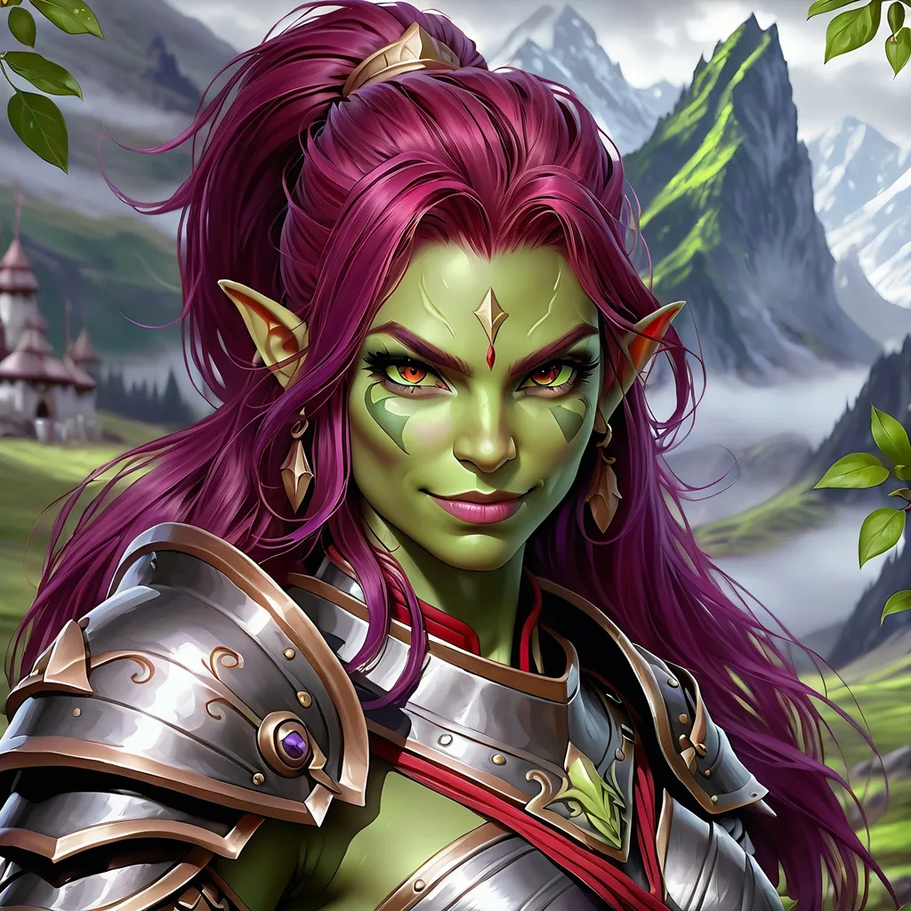 Prompt: Full Body, oil painting, D&D fantasy, very cute, 28 years old orc female ((green-skinned-orc girl)) Warrior, green-skinned-female, ((beautiful detailed face and large glowing red eyes)), rosy cheeks and nose, deep long purple hair, Wry grin, small pointed ears, ((large tusks)), looking at the viewer, intricate detailed shapely ((black plate armor)), intricate hyper detailed hair, intricate hyper detailed eyelashes, intricate hyper detailed shining pupils #3238, UHD, hd , 8k eyes, detailed face, big anime dreamy eyes, 8k eyes, intricate details, insanely detailed, masterpiece, cinematic lighting, 8k, complementary colors, golden ratio, octane render, volumetric lighting, unreal 5, artwork, concept art, cover, top model, light on hair colorful glamourous hyperdetailed tavern, intricate hyperdetailed tavern background, ultra-fine details, hyper-focused, deep colors, dramatic lighting, ambient lighting god rays, | by sakimi chan, artgerm, wlop, pixiv, tumblr, instagram, deviantart