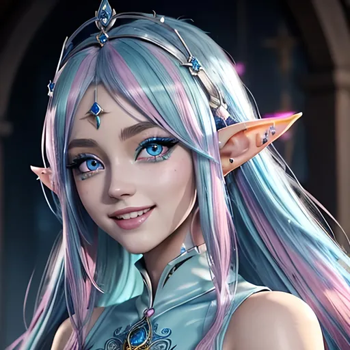 Prompt: masterpiece, splash art, ink painting, beautiful cute pop idol, D&D fantasy, (23 years old) elf girl, ((beautiful detailed face and large eyes)), mischievous grin, light blue with bright pink highlights hair, long slender pointed ears, smiling looking at the viewer, wearing intricate detailed light blue sorceress dress and ((an intricate dark blue witches hat)) and casting an elemental ice spell, intricate hyper detailed hair, intricate hyper detailed eyelashes, intricate hyper detailed shining pupils #3238, UHD, hd , 8k eyes, detailed face, big anime dreamy eyes, 8k eyes, intricate details, insanely detailed, masterpiece, cinematic lighting, 8k, complementary colors, golden ratio, octane render, volumetric lighting, unreal 5, artwork, concept art, cover, top model, light on hair colorful glamourous hyperdetailed, intricate hyperdetailed breathtaking colorful glamorous scenic view landscape, ultra-fine details, hyper-focused, deep colors, dramatic lighting, ambient lighting god rays | by sakimi chan, artgerm, wlop, pixiv, tumblr, instagram, deviantart