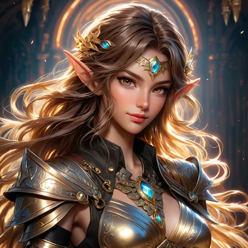 Prompt: Full Body visible, oil painting, D&D fantasy,  ((tanned-skinned-elf noble)), tanned-skinned-female, slender, ((beautiful detailed face and large dark anime eyes)) long wavy dark brown hair, devious smile, pointed ears, looking at the viewer, wearing leather adventurer's outfit with rapier in hand, intricate hyper detailed hair, intricate hyper detailed eyelashes, intricate hyper detailed shining pupils #3238, UHD, hd , 8k eyes, detailed face, big anime dreamy eyes, 8k eyes, intricate details, insanely detailed, masterpiece, cinematic lighting, 8k, complementary colors, golden ratio, octane render, volumetric lighting, unreal 5, artwork, concept art, cover, top model, light on hair colorful glamourous hyperdetailed, intricate hyperdetailed breathtaking colorful  villa, ultra-fine details, hyper-focused, deep colors, dramatic lighting, ambient lighting god rays, | by sakimi chan, artgerm, wlop, pixiv, tumblr, instagram, deviantart