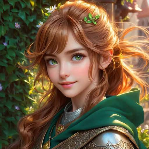 Prompt: oil painting, D&D fantasy, (23 years old) lightly tanned-skinned hobbit girl, (tiny petite body), ((beautiful detailed face and large anime eyes)), mischievous grin, long ponytail bright auburn with highlights hair, short small pointed ears, mischievous grin looking at the viewer, cleric wearing chain mail with a dark green cloak and casting a holy elemental spell, intricate hyper detailed hair, intricate hyper detailed eyelashes, intricate hyper detailed shining pupils #3238, UHD, hd , 8k eyes, detailed face, big anime dreamy eyes, 8k eyes, intricate details, insanely detailed, masterpiece, cinematic lighting, 8k, complementary colors, golden ratio, octane render, volumetric lighting, unreal 5, artwork, concept art, cover, top model, light on hair colorful glamourous hyperdetailed medieval city background, intricate hyperdetailed breathtaking colorful glamorous scenic view landscape, ultra-fine details, hyper-focused, deep colors, dramatic lighting, ambient lighting god rays, flowers, garden | by sakimi chan, artgerm, wlop, pixiv, tumblr, instagram, deviantart