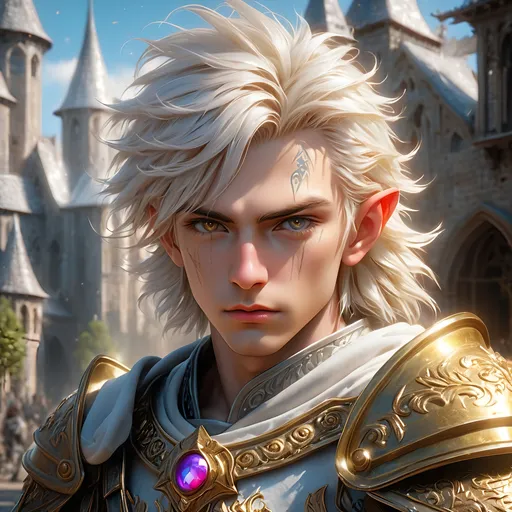 Prompt: Full body visible, oil painting, D&D fantasy, older pale-skinned-gnome man, pale-skinned-gnome male, short, ((handsome detailed face and eyes)), short bright white hair, cropped hair, ready for battle, pointed ears, looking at the viewer, warrior wearing intricate armor outfit, intricate hyper detailed hair, intricate hyper detailed eyelashes, intricate hyper detailed shining pupils #3238, UHD, hd , 8k eyes, detailed face, big anime dreamy eyes, 8k eyes, intricate details, insanely detailed, masterpiece, cinematic lighting, 8k, complementary colors, golden ratio, octane render, volumetric lighting, unreal 5, artwork, concept art, cover, top model, light on hair colorful glamourous hyperdetailed medieval city background, intricate hyperdetailed breathtaking bloodied war torn view landscape, ultra-fine details, hyper-focused, deep colors, dramatic lighting, ambient lighting god rays | by sakimi chan, artgerm, wlop, pixiv, tumblr, instagram, deviantart