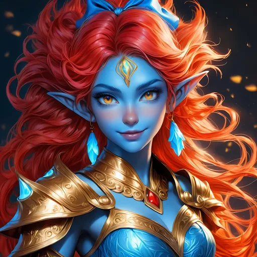 Prompt: Full body visible, oil painting, D&D Fantasy, young 20 years old Gnome girl, ((Fully blue-skinned-female, blue-skinned-female, Blue elf ears)), ((beautiful detailed face and glowing gold anime eyes)), short dyed Vibrant brilliant fiery red hair with brilliant blue highlights and extra long sideburns, predatory grin, looking at the viewer, Cleavage, perky, real, Brown leather armour with a bow, intricate hyper detailed hair, intricate hyper detailed eyelashes, intricate hyper detailed shining pupils, #3238, UHD, hd , 8k eyes, detailed face, big anime dreamy eyes, 8k eyes, intricate details, insanely detailed, masterpiece, cinematic lighting, 8k, complementary colors, golden ratio, octane render, volumetric lighting, unreal 5, artwork, concept art, cover, top model, light on hair colorful glamourous hyperdetailed cave background, intricate hyperdetailed cave background, ultra-fine details, hyper-focused, deep colors, dramatic lighting, ambient lighting | by sakimi chan, artgerm, wlop, pixiv, tumblr, instagram, deviantart