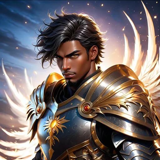 Prompt: Full Body, oil painting, fantasy, a black man with very short black hair with vibrant light hazel eyes, ((handsome detailed face and eyes)), very calm expression with a hint of a smile, clean shaven no beard, large muscles warrior wearing armor ((wielding a large Glaive with both hands)), intricate hyper detailed hair, intricate hyper detailed eyelashes, intricate hyper detailed shining pupils #3238, UHD, hd , 8k eyes, detailed face, big anime dreamy eyes, 8k eyes, intricate details, insanely detailed, masterpiece, cinematic lighting, 8k, complementary colors, golden ratio, octane render, volumetric lighting, unreal 5, artwork, concept art, cover, top model, light on hair colorful glamourous hyperdetailed, ultra-fine details, intricate detailed battlefield background, hyper-focused, deep colors, dramatic lighting, ambient lighting god rays | by sakimi chan, artgerm, wlop, pixiv, tumblr, instagram, deviantart