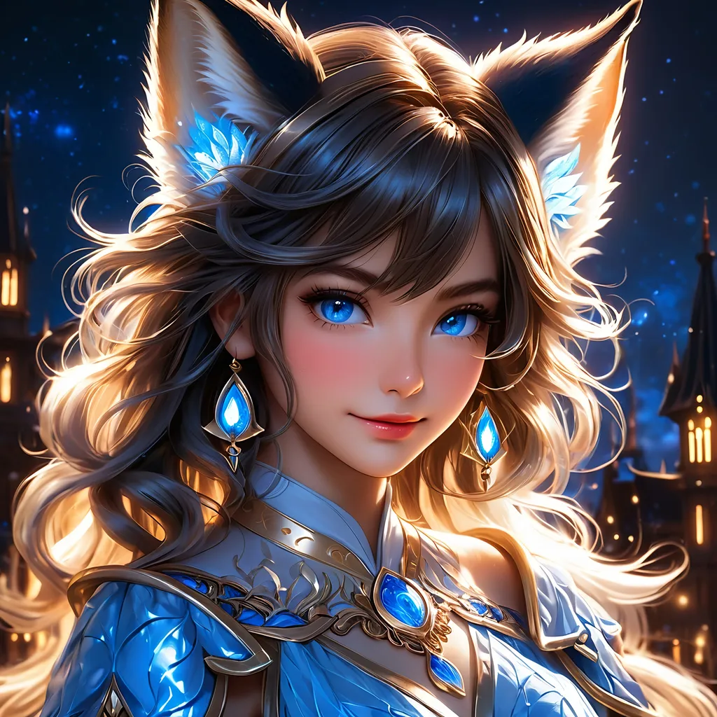 Prompt: full body, oil painting, fantasy, ((anthropomorphic furry fox girl)), tanned-furred-female, ((beautiful detailed face and glowing anime blue eyes)) dark hair, straight hair, fox ears, rosy cheeks, smiling, looking at the viewer| Elemental star wizard wearing intricate glowing blue and white dress casting a spell, #3238, UHD, hd , 8k eyes, detailed face, big anime dreamy eyes, 8k eyes, intricate details, insanely detailed, masterpiece, cinematic lighting, 8k, complementary colors, golden ratio, octane render, volumetric lighting, unreal 5, artwork, concept art, cover, top model, light on hair colorful glamourous hyperdetailed medieval city background, intricate hyperdetailed breathtaking colorful glamorous scenic view landscape, ultra-fine details, hyper-focused, deep colors, dramatic lighting, ambient lighting god rays | by sakimi chan, artgerm, wlop, pixiv, tumblr, instagram, deviantart