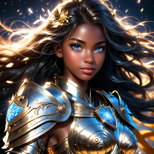 Prompt: Full body visible, oil painting, young 22 years old Human black girl, black-skinned-female, ((beautiful detailed face and glowing anime blue eyes)), long black hair, rosy cheeks, sly grin, looking at the viewer, Paladin wearing full plate armor, raising her holy sword to the sky, intricate hyper detailed hair, intricate hyper detailed eyelashes, intricate hyper detailed shining pupils, #3238, UHD, hd , 8k eyes, detailed face, big anime dreamy eyes, 8k eyes, intricate details, insanely detailed, masterpiece, cinematic lighting, 8k, complementary colors, golden ratio, octane render, volumetric lighting, unreal 5, artwork, concept art, cover, top model, light on hair colorful glamourous hyperdetailed ((Battlefield)) background, intricate hyperdetailed battlefield, ultra-fine details, hyper-focused, deep colors, dramatic lighting, ambient lighting god rays | by sakimi chan, artgerm, wlop, pixiv, tumblr, instagram, deviantart