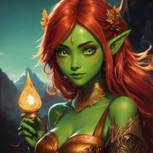 Prompt: ink painting, D&D fantasy, cute young ((green-skinned-goblin girl)), green-skinned-female, short petite body slender, beautiful, ((beautiful detailed face and large anime eyes)) long wavy fiery red hair, smiling, pointed ears, looking at the viewer, cleric wearing intricate adventurer outfit, intricate hyper detailed hair, intricate hyper detailed eyelashes, intricate hyper detailed shining pupils #3238, UHD, hd , 8k eyes, detailed face, big anime dreamy eyes, 8k eyes, intricate details, insanely detailed, masterpiece, cinematic lighting, 8k, complementary colors, golden ratio, octane render, volumetric lighting, unreal 5, artwork, concept art, cover, top model, light on hair colorful glamourous hyperdetailed, intricate hyperdetailed breathtaking colorful glamorous scenic view landscape, ultra-fine details, hyper-focused, deep colors, dramatic lighting, ambient lighting god rays, | by sakimi chan, artgerm, wlop, pixiv, tumblr, instagram, deviantart