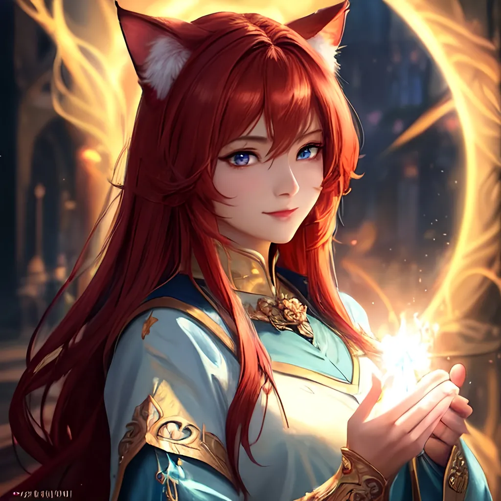 Prompt: oil painting, fantasy, Human girl, tanned-skinned-female, beautiful, red hair, straight hair, cat ears, rosy cheeks, smiling, looking at the viewer| Elemental star cleric wearing intricate glowing blue and white holy robes casting a healing spell, #3238, UHD, hd , 8k eyes, detailed face, big anime dreamy eyes, 8k eyes, intricate details, insanely detailed, masterpiece, cinematic lighting, 8k, complementary colors, golden ratio, octane render, volumetric lighting, unreal 5, artwork, concept art, cover, top model, light on hair colorful glamourous hyperdetailed medieval city background, intricate hyperdetailed breathtaking colorful glamorous scenic view landscape, ultra-fine details, hyper-focused, deep colors, dramatic lighting, ambient lighting god rays, flowers, garden | by sakimi chan, artgerm, wlop, pixiv, tumblr, instagram, deviantart