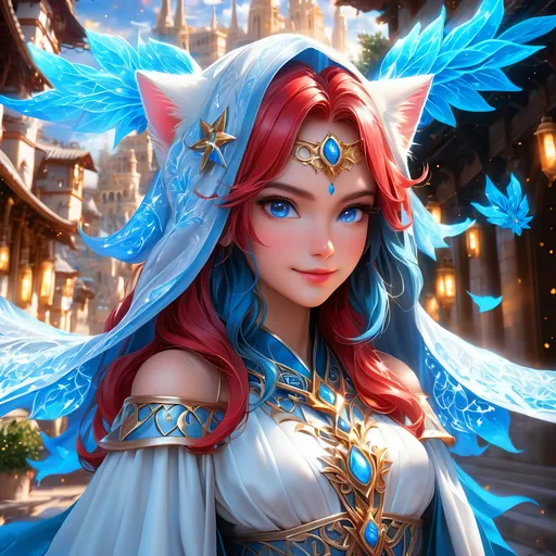 Prompt: full body, oil painting, fantasy, Human girl, tanned-skinned-female, ((beautiful detailed face and glowing anime blue eyes))red hair, straight hair, cat ears, rosy cheeks, smiling, looking at the viewer| Elemental star cleric wearing intricate glowing blue and white holy robes casting a healing spell, #3238, UHD, hd , 8k eyes, detailed face, big anime dreamy eyes, 8k eyes, intricate details, insanely detailed, masterpiece, cinematic lighting, 8k, complementary colors, golden ratio, octane render, volumetric lighting, unreal 5, artwork, concept art, cover, top model, light on hair colorful glamourous hyperdetailed medieval city background, intricate hyperdetailed breathtaking colorful glamorous scenic view landscape, ultra-fine details, hyper-focused, deep colors, dramatic lighting, ambient lighting god rays | by sakimi chan, artgerm, wlop, pixiv, tumblr, instagram, deviantart