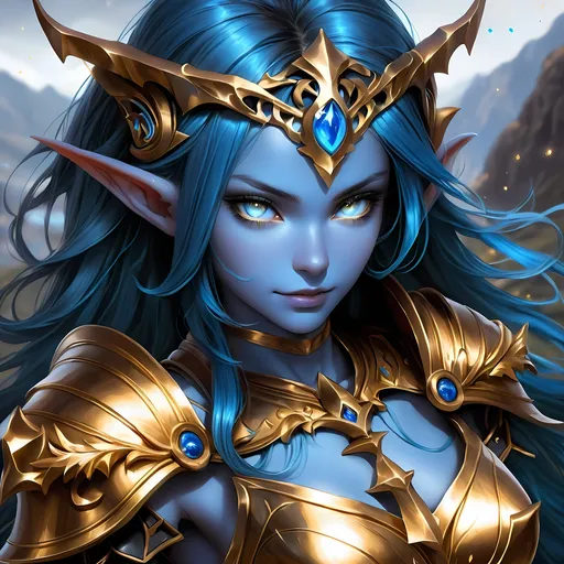 Prompt: Full body visible, oil painting, D&D Fantasy, young 20 years old Elf girl, ((Fully blue-skinned-female, blue-skinned-female, Blue elf ears)), ((beautiful detailed face and glowing gold anime eyes)), short dark black hair, predatory grin, looking at the viewer, Brown leather armour with a bow, intricate hyper detailed hair, intricate hyper detailed eyelashes, intricate hyper detailed shining pupils, #3238, UHD, hd , 8k eyes, detailed face, big anime dreamy eyes, 8k eyes, intricate details, insanely detailed, masterpiece, cinematic lighting, 8k, complementary colors, golden ratio, octane render, volumetric lighting, unreal 5, artwork, concept art, cover, top model, light on hair colorful glamourous hyperdetailed cave background, intricate hyperdetailed cave background, ultra-fine details, hyper-focused, deep colors, dramatic lighting, ambient lighting | by sakimi chan, artgerm, wlop, pixiv, tumblr, instagram, deviantart