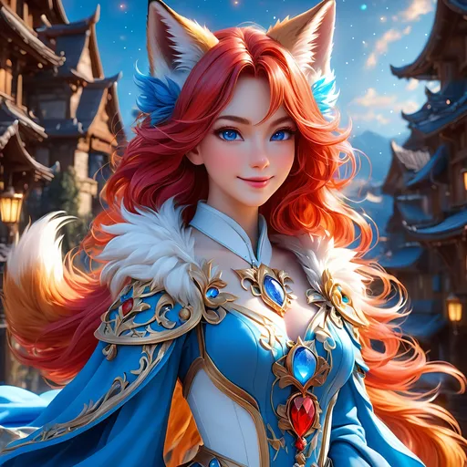 Prompt: full body, oil painting, fantasy, ((anthropomorphic furry fox girl)), red-furred-female, ((beautiful detailed face and glowing anime blue eyes)) red hair, straight hair, fox ears, rosy cheeks, smiling, looking at the viewer| Elemental star wizard wearing intricate glowing blue and white dress casting a spell, #3238, UHD, hd , 8k eyes, detailed face, big anime dreamy eyes, 8k eyes, intricate details, insanely detailed, masterpiece, cinematic lighting, 8k, complementary colors, golden ratio, octane render, volumetric lighting, unreal 5, artwork, concept art, cover, top model, light on hair colorful glamourous hyperdetailed medieval city background, intricate hyperdetailed breathtaking colorful glamorous scenic view landscape, ultra-fine details, hyper-focused, deep colors, dramatic lighting, ambient lighting god rays | by sakimi chan, artgerm, wlop, pixiv, tumblr, instagram, deviantart