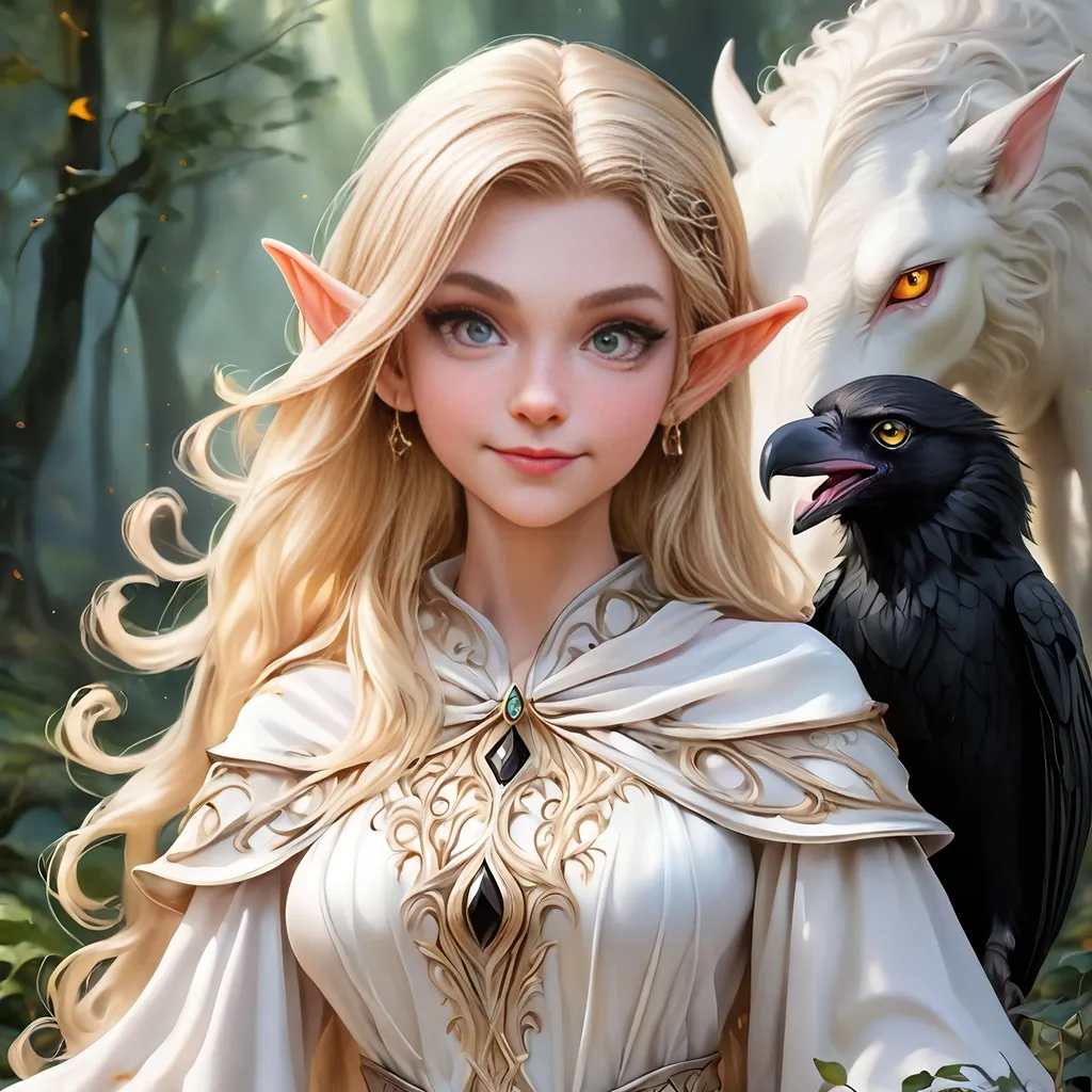Prompt: Full Body, oil painting, D&D fantasy, very cute, 16 years old half-female ((light-skinned-elf girl)) Witch, light-skinned-female, ((beautiful detailed face and large glowing black eyes)), long rich blonde hair, long elven ears, ((large tusks)), Sad Smiling but Determined while speaking to her raven familiar, intricate detailed shapely ((Bright White Witches robes)), intricate hyper detailed hair, intricate hyper detailed eyelashes, intricate hyper detailed shining pupils #3238, UHD, hd , 8k eyes, detailed face, big anime dreamy eyes, 8k eyes, intricate details, insanely detailed, masterpiece, cinematic lighting, 8k, complementary colors, golden ratio, octane render, volumetric lighting, unreal 5, artwork, concept art, cover, top model, light on hair colorful glamourous hyperdetailed  inside a Wizard tower background, intricate hyperdetailed inside of a Wizard tower background, ultra-fine details, hyper-focused, deep colors, dramatic lighting, ambient lighting god rays, | by sakimi chan, artgerm, wlop, pixiv, tumblr, instagram, deviantart