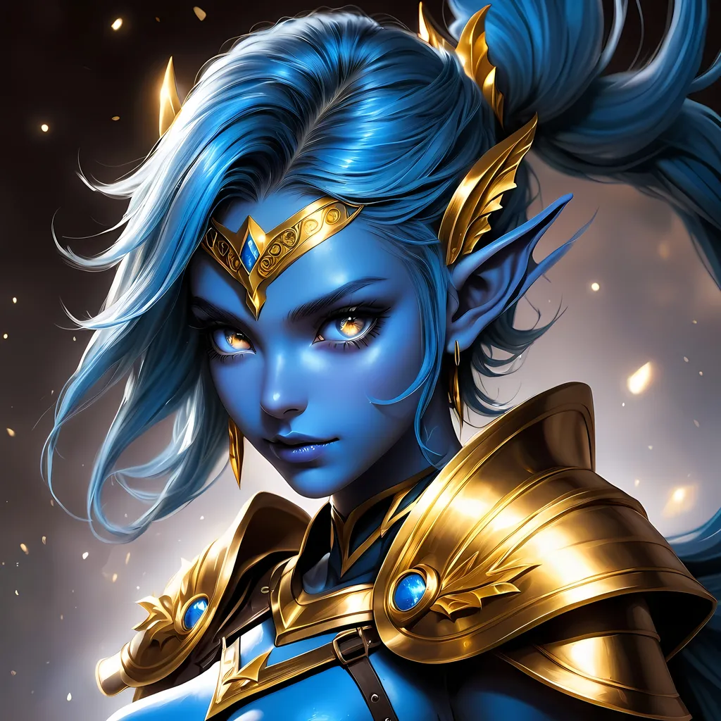 Prompt: Full body visible, oil painting, D&D Fantasy, young 20 years old Elf girl, ((Fully blue-skinned-female, blue-skinned-female, Blue elf ears)), ((beautiful detailed face and glowing gold anime eyes)), short dark black hair, predatory grin, looking at the viewer, Brown leather armour with a bow, intricate hyper detailed hair, intricate hyper detailed eyelashes, intricate hyper detailed shining pupils, #3238, UHD, hd , 8k eyes, detailed face, big anime dreamy eyes, 8k eyes, intricate details, insanely detailed, masterpiece, cinematic lighting, 8k, complementary colors, golden ratio, octane render, volumetric lighting, unreal 5, artwork, concept art, cover, top model, light on hair colorful glamourous hyperdetailed cave background, intricate hyperdetailed cave background, ultra-fine details, hyper-focused, deep colors, dramatic lighting, ambient lighting | by sakimi chan, artgerm, wlop, pixiv, tumblr, instagram, deviantart