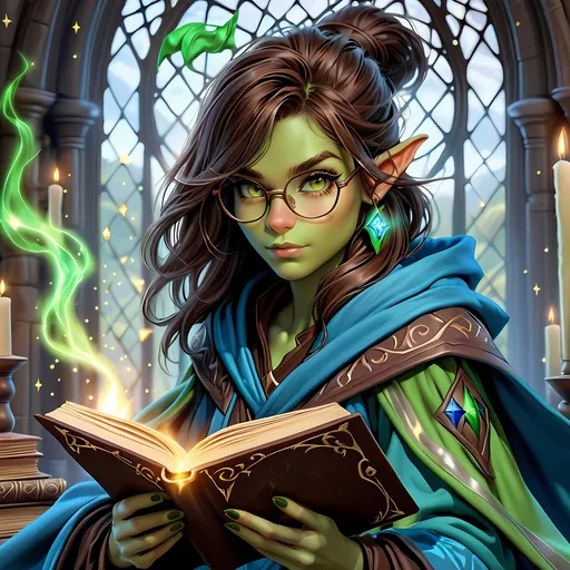 Prompt: Full Body, oil painting, D&D fantasy, very cute, 22 years old half-orc female ((green-skinned-half orc girl)) Wizard, green-skinned-female, ((beautiful detailed face and large glowing brown eyes)), Glasses, rosy cheeks, long rich brown hair, small short pointed ears, ((large tusks)), Determined and concentrating while reading a spell book, intricate detailed shapely ((Blue Wizard robes)), intricate hyper detailed hair, intricate hyper detailed eyelashes, intricate hyper detailed shining pupils #3238, UHD, hd , 8k eyes, detailed face, big anime dreamy eyes, 8k eyes, intricate details, insanely detailed, masterpiece, cinematic lighting, 8k, complementary colors, golden ratio, octane render, volumetric lighting, unreal 5, artwork, concept art, cover, top model, light on hair colorful glamourous hyperdetailed  inside a Wizard tower background, intricate hyperdetailed inside of a Wizard tower background, ultra-fine details, hyper-focused, deep colors, dramatic lighting, ambient lighting god rays, | by sakimi chan, artgerm, wlop, pixiv, tumblr, instagram, deviantart