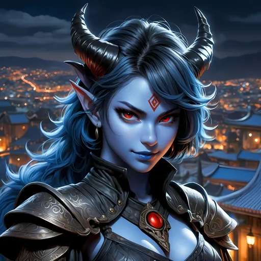 Prompt: Full body visible, oil painting, D&D Fantasy, young 20 years old Tiefling Female, ((Fully blue-skinned-female, blue-skinned-female)), Thief, ((Beautiful detailed face and Red anime eyes)), Tiefling horns)), short tousled black hair, Rogueish grin, looking at the viewer, Black sleek leather clothing wielding an intricate dagger on a rooftop at night, intricate hyper detailed hair, intricate hyper detailed eyelashes, intricate hyper detailed shining pupils, #3238, UHD, hd , 8k eyes, detailed face, big anime dreamy eyes, 8k eyes, intricate details, insanely detailed, masterpiece, cinematic lighting, 8k, complementary colors, golden ratio, octane render, volumetric lighting, unreal 5, artwork, concept art, cover, top model, light on hair colorful glamourous hyperdetailed rooftop at night background, intricate hyperdetailed rooftop at night background, ultra-fine details, hyper-focused, deep colors, dramatic lighting, ambient lighting | by sakimi chan, artgerm, wlop, pixiv, tumblr, instagram, deviantart