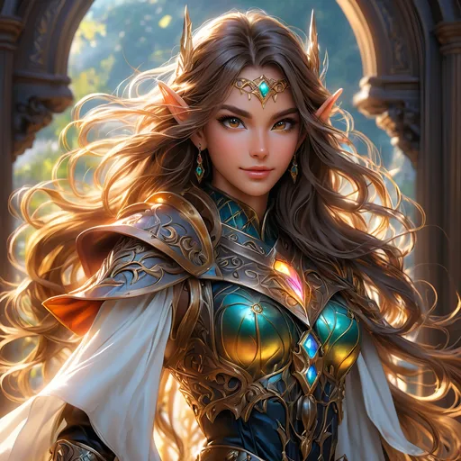 Prompt: Full Body visible, oil painting, D&D fantasy,  ((tanned-skinned-elf noble)), tanned-skinned-female, slender, ((beautiful detailed face and large dark anime eyes)) long wavy dark brown hair, sinister smile, pointed ears, looking at the viewer, wearing adventurer's outfit with rapier in hand, intricate hyper detailed hair, intricate hyper detailed eyelashes, intricate hyper detailed shining pupils #3238, UHD, hd , 8k eyes, detailed face, big anime dreamy eyes, 8k eyes, intricate details, insanely detailed, masterpiece, cinematic lighting, 8k, complementary colors, golden ratio, octane render, volumetric lighting, unreal 5, artwork, concept art, cover, top model, light on hair colorful glamourous hyperdetailed, intricate hyperdetailed breathtaking colorful  villa, ultra-fine details, hyper-focused, deep colors, dramatic lighting, ambient lighting god rays, | by sakimi chan, artgerm, wlop, pixiv, tumblr, instagram, deviantart