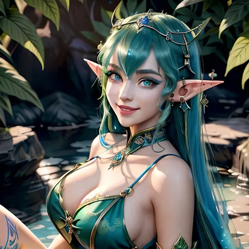 Prompt: masterpiece, splash art, ink painting, beautiful cute pop idol, D&D fantasy, (23 years old) elf girl, ((beautiful detailed face and large eyes)), mischievous grin, bright royal blue with bright green highlights hair, long slender pointed ears, smiling looking at the viewer, wearing intricate detailed light blue sorceress dress and ((an intricate dark blue witches hat)) and casting an elemental holy spell, intricate hyper detailed hair, intricate hyper detailed eyelashes, intricate hyper detailed shining pupils #3238, UHD, hd , 8k eyes, detailed face, big anime dreamy eyes, 8k eyes, intricate details, insanely detailed, masterpiece, cinematic lighting, 8k, complementary colors, golden ratio, octane render, volumetric lighting, unreal 5, artwork, concept art, cover, top model, light on hair colorful glamourous hyperdetailed, intricate hyperdetailed breathtaking colorful glamorous scenic view landscape, ultra-fine details, hyper-focused, deep colors, dramatic lighting, ambient lighting god rays | by sakimi chan, artgerm, wlop, pixiv, tumblr, instagram, deviantart