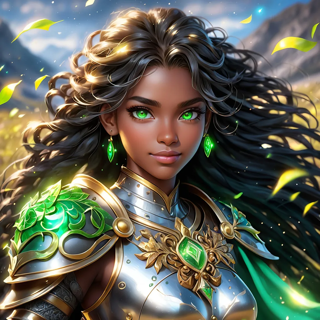 Prompt: Full body, oil painting, young 22 years old Human black girl, black-skinned-female, ((beautiful detailed face and glowing anime green eyes)), dreadlocks black hair, rosy cheeks, smiling, looking at the viewer| shinning silver plate mail holding magical longsword and shield, intricate hyper detailed hair, intricate hyper detailed eyelashes, intricate hyper detailed shining pupils, #3238, UHD, hd , 8k eyes, detailed face, big anime dreamy eyes, 8k eyes, intricate details, insanely detailed, masterpiece, cinematic lighting, 8k, complementary colors, golden ratio, octane render, volumetric lighting, unreal 5, artwork, concept art, cover, top model, light on hair colorful glamourous hyperdetailed battlefield background, intricate hyperdetailed breathtaking colorful glamorous scenic view landscape, ultra-fine details, hyper-focused, deep colors, dramatic lighting, ambient lighting god rays | by sakimi chan, artgerm, wlop, pixiv, tumblr, instagram, deviantart