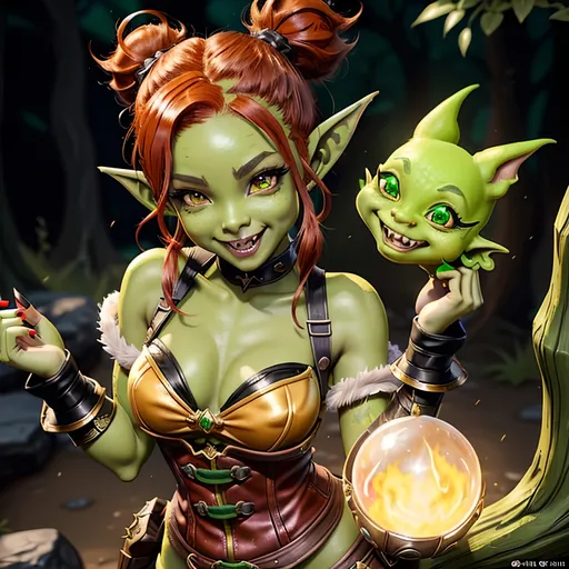 Prompt: masterpiece, splash art, ink painting, beautiful cute pop idol, D&D fantasy, green-skinned-goblin girl, green-skinned-female ((tiny petite body)), ((perfect beautiful cute face)), mischievous grin, short fiery red hair, pigtails, pointed ears, fangs, looking at the viewer, wearing adventurer's outfit, intricate hyper detailed hair, intricate hyper detailed eyelashes, intricate hyper detailed shining pupils #3238, UHD, hd , 8k eyes, detailed face, big anime dreamy eyes, 8k eyes, intricate details, insanely detailed, masterpiece, cinematic lighting, 8k, complementary colors, golden ratio, octane render, volumetric lighting, unreal 5, artwork, concept art, cover, top model, light on hair colorful glamourous hyperdetailed, intricate hyperdetailed breathtaking colorful glamorous scenic view landscape, ultra-fine details, hyper-focused, deep colors, dramatic lighting, ambient lighting god rays | by sakimi chan, artgerm, wlop, pixiv, tumblr, instagram, deviantart