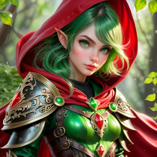 Prompt: Full Body, oil painting, D&D fantasy, very cute, 28 years old gnome female ((fair-skinned-elf girl)) Thief, fair-skinned-female, slender, ((beautiful detailed face and large glowing green eyes)), rosy cheeks, deep Emerald green hair in a pixie cut, determined look, small pointed ears, looking at the viewer, intricate detailed shapely black leather armor and long red cape, intricate hyper detailed hair, intricate hyper detailed eyelashes, intricate hyper detailed shining pupils #3238, UHD, hd , 8k eyes, detailed face, big anime dreamy eyes, 8k eyes, intricate details, insanely detailed, masterpiece, cinematic lighting, 8k, complementary colors, golden ratio, octane render, volumetric lighting, unreal 5, artwork, concept art, cover, top model, light on hair colorful glamourous hyperdetailed tavern, intricate hyperdetailed tavern background, ultra-fine details, hyper-focused, deep colors, dramatic lighting, ambient lighting god rays, | by sakimi chan, artgerm, wlop, pixiv, tumblr, instagram, deviantart