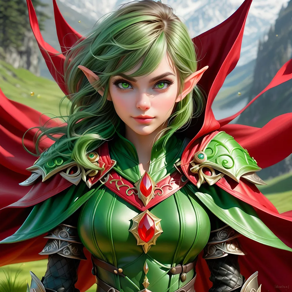 Prompt: Full Body, oil painting, D&D fantasy, very cute, 28 years old gnome female ((fair-skinned-elf girl)) Thief, fair-skinned-female, slender, ((beautiful detailed face and large glowing green eyes)), rosy cheeks, deep Emerald green hair in a pixie cut, determined look, small pointed ears, looking at the viewer, intricate detailed shapely black leather armor and long red cape, intricate hyper detailed hair, intricate hyper detailed eyelashes, intricate hyper detailed shining pupils #3238, UHD, hd , 8k eyes, detailed face, big anime dreamy eyes, 8k eyes, intricate details, insanely detailed, masterpiece, cinematic lighting, 8k, complementary colors, golden ratio, octane render, volumetric lighting, unreal 5, artwork, concept art, cover, top model, light on hair colorful glamourous hyperdetailed tavern, intricate hyperdetailed tavern background, ultra-fine details, hyper-focused, deep colors, dramatic lighting, ambient lighting god rays, | by sakimi chan, artgerm, wlop, pixiv, tumblr, instagram, deviantart