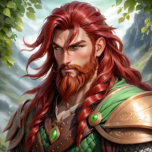 Prompt: Full Body, Side Profile, oil painting, fantasy, a human man with Long braided Dark Red hair and long dark red beard tied with light green eyes, ((handsome detailed face and eyes)), Barrel chested Warrior wearing brown leather adventurer's clothing, Slight smile, intricate hyper detailed hair, intricate hyper detailed eyelashes, intricate hyper detailed shining pupils #3238, UHD, hd , 8k eyes, detailed face, big anime dreamy eyes, 8k eyes, intricate details, insanely detailed, masterpiece, cinematic lighting, 8k, complementary colors, golden ratio, octane render, volumetric lighting, unreal 5, artwork, concept art, cover, top model, light on hair colorful glamourous hyperdetailed, ultra-fine details, intricate detailed mountain top background, hyper-focused, deep colors, dramatic lighting, ambient lighting god rays | by sakimi chan, artgerm, wlop, pixiv, tumblr, instagram, deviantart