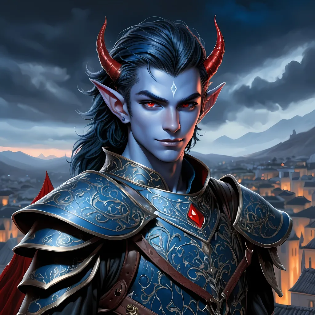 Prompt: Full body visible, oil painting, D&D Fantasy, young 20 years old Tiefling male, ((Fully blue-skinned-Male, blue-skinned-Male, Blue elf ears)), Thief, ((handsome and boyish detailed face and red eyes)), short tousled black hair, Sly grin, looking at the viewer with a sly grin, Black sleek leather armour wielding an intricate dagger on a rooftop, intricate hyper detailed hair, intricate hyper detailed eyelashes, intricate hyper detailed shining pupils, #3238, UHD, hd , 8k eyes, detailed face, big anime dreamy eyes, 8k eyes, intricate details, insanely detailed, masterpiece, cinematic lighting, 8k, complementary colors, golden ratio, octane render, volumetric lighting, unreal 5, artwork, concept art, cover, top model, light on hair colorful glamourous hyperdetailed rooftop at night background, intricate hyperdetailed rooftop at night background, ultra-fine details, hyper-focused, deep colors, dramatic lighting, ambient lighting | by sakimi chan, artgerm, wlop, pixiv, tumblr, instagram, deviantart