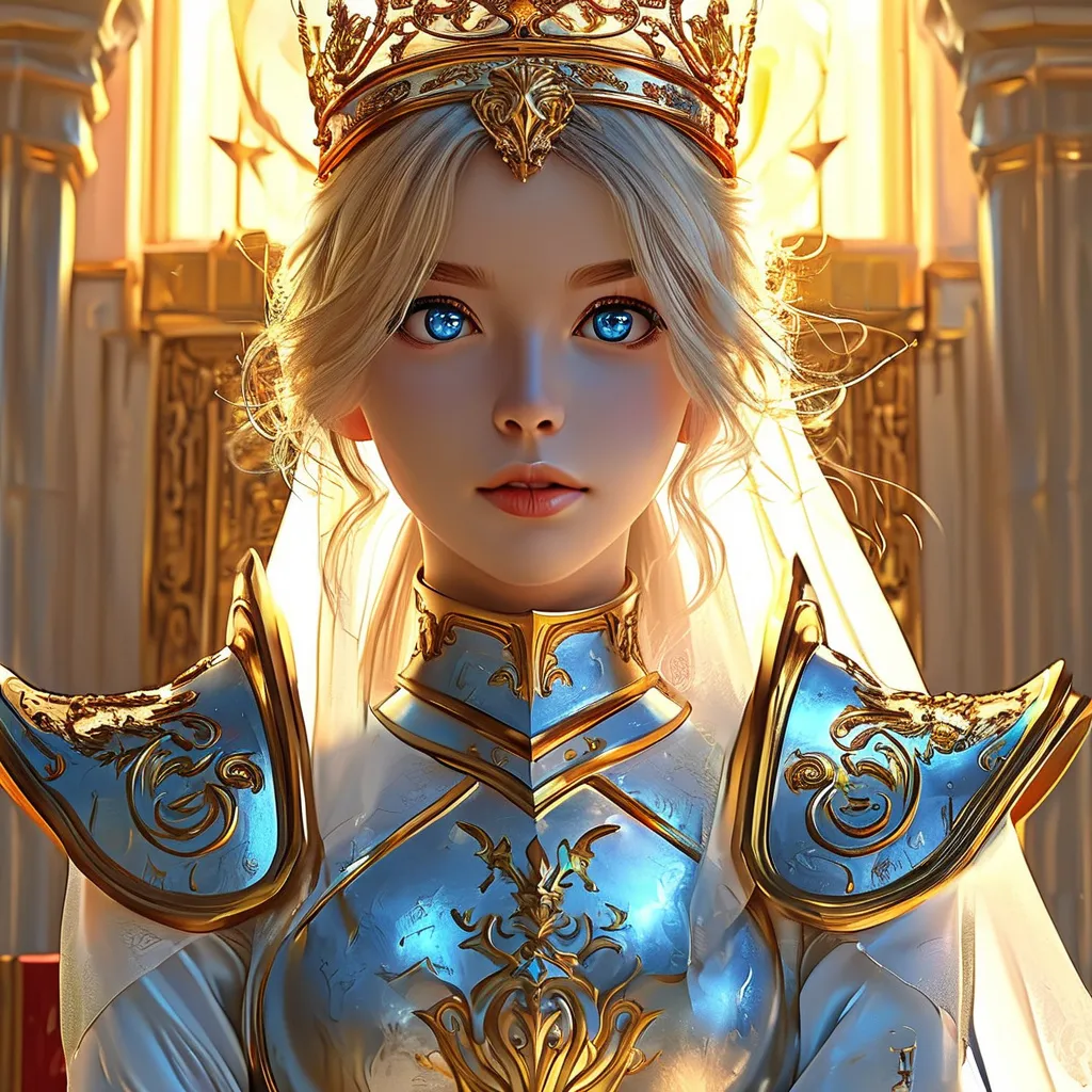 Prompt: Full body visible, oil painting, D&D Fantasy, young 25 years old girl, ((beautiful detailed face and Blue anime eyes)), Warrior, straitened brilliant Bright Blonde hair, Regal Noble Determined grin, looking at the viewer, Regal intricate detailed Golden and White Queen's full plate armour with a small golden crown and a Royal white cape, intricate hyper detailed hair, intricate hyper detailed eyelashes, intricate hyper detailed shining pupils, #3238, UHD, hd , 8k eyes, detailed face, big anime dreamy eyes, 8k eyes, intricate details, insanely detailed, masterpiece, cinematic lighting, 8k, complementary colors, golden ratio, octane render, volumetric lighting, unreal 5, artwork, concept art, cover, top model, light on hair colorful glamourous hyperdetailed ((Queen's Throne room background)), intricate hyperdetailed ((Queens's Throne room background)), ultra-fine details, hyper-focused, deep colors, dramatic lighting, ambient lighting | by sakimi chan, artgerm, wlop, pixiv, tumblr, instagram, deviantart