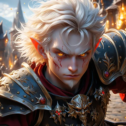 Prompt: Full body visible, oil painting, D&D fantasy, older looking pale-skinned-gnome man, pale-skinned-gnome male, short, ((handsome detailed face and eyes)), short bright white hair, cropped hair, ready for battle, pointed ears, looking at the viewer, warrior wearing intricate black devil themed armor, intricate hyper detailed hair, intricate hyper detailed eyelashes, intricate hyper detailed shining pupils #3238, UHD, hd , 8k eyes, detailed face, big anime dreamy eyes, 8k eyes, intricate details, insanely detailed, masterpiece, cinematic lighting, 8k, complementary colors, golden ratio, octane render, volumetric lighting, unreal 5, artwork, concept art, cover, top model, light on hair colorful glamourous hyperdetailed medieval city background, intricate hyperdetailed breathtaking bloodied war torn view landscape, ultra-fine details, hyper-focused, deep colors, dramatic lighting, ambient lighting god rays | by sakimi chan, artgerm, wlop, pixiv, tumblr, instagram, deviantart