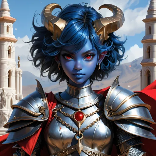 Prompt: Full body visible, oil painting, D&D Fantasy, young 20 years old Tiefling Female, ((Fully blue-skinned-female, blue-skinned-female)), Cleric, ((Beautiful detailed face and Red anime eyes)), Tiefling horns)), short tousled Black hair, Rogueish grin, looking at the viewer, Classic cleric chain mail armour praying in front of a statue, intricate hyper detailed hair, intricate hyper detailed eyelashes, intricate hyper detailed shining pupils, #3238, UHD, hd , 8k eyes, detailed face, big anime dreamy eyes, 8k eyes, intricate details, insanely detailed, masterpiece, cinematic lighting, 8k, complementary colors, golden ratio, octane render, volumetric lighting, unreal 5, artwork, concept art, cover, top model, light on hair colorful glamourous hyperdetailed temple background, intricate hyperdetailed temple background, ultra-fine details, hyper-focused, deep colors, dramatic lighting, ambient lighting | by sakimi chan, artgerm, wlop, pixiv, tumblr, instagram, deviantart